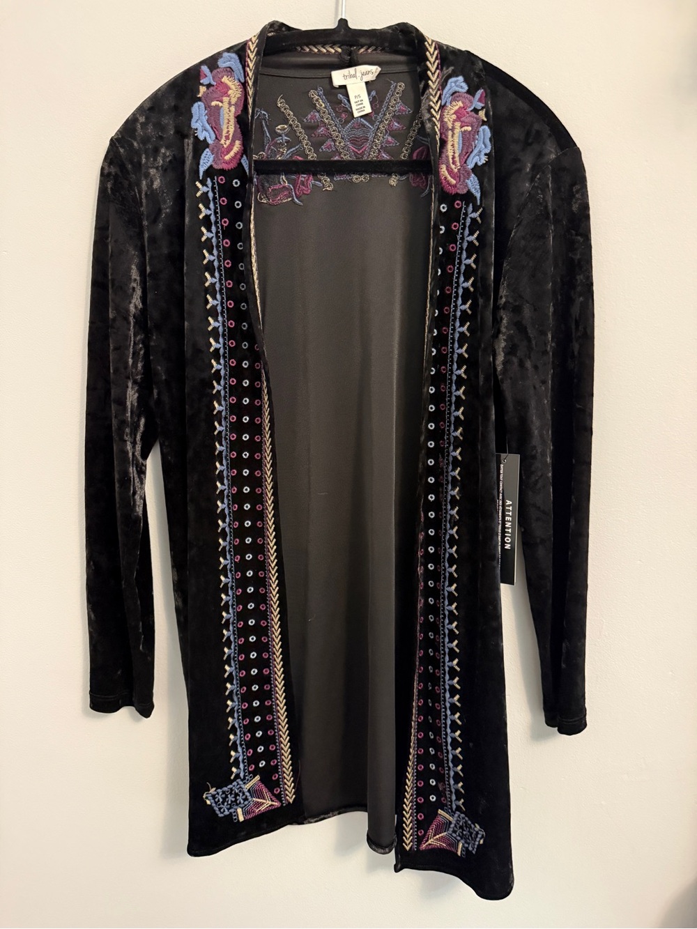 Tribal Black Velvet Embroidered Open Cardigan NWT